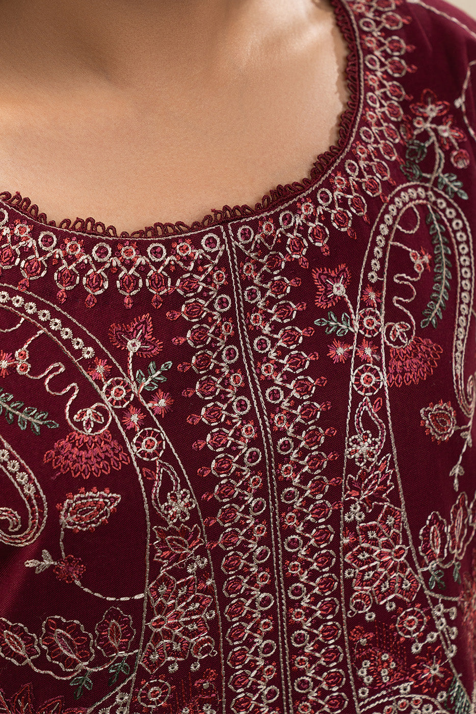 3 PIECE EMBROIDERED KHADDAR SUIT-POMEGRANATE RED (UNSTITCHED)