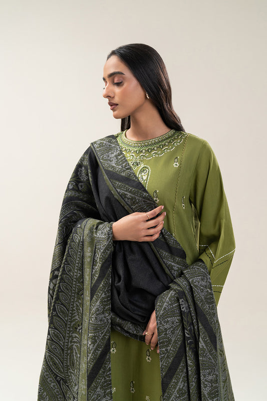 3 PIECE EMBROIDERED SLUB KHADDAR SUIT-TRIBAL GREEN (UNSTITCHED)
