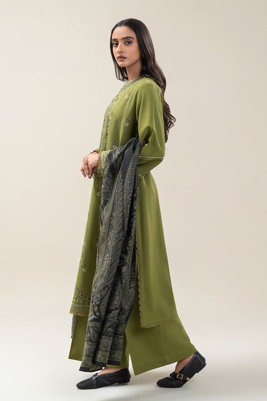 3 PIECE EMBROIDERED SLUB KHADDAR SUIT-TRIBAL GREEN (UNSTITCHED)