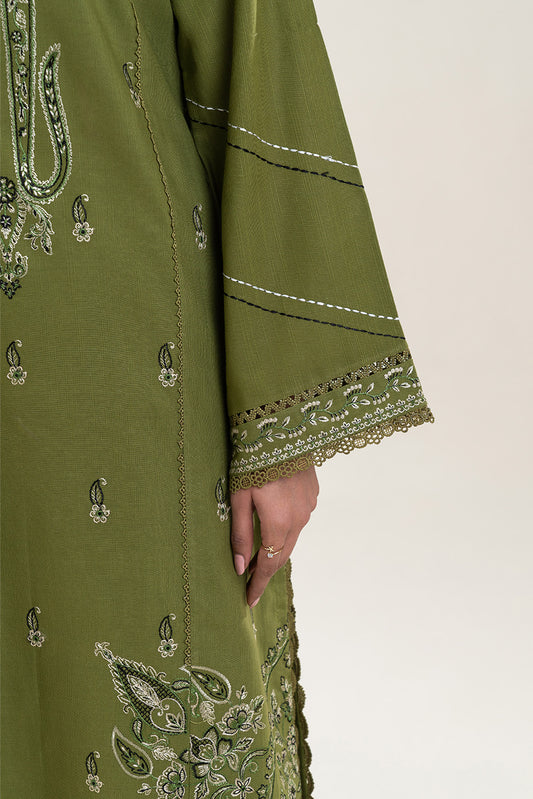 3 PIECE EMBROIDERED SLUB KHADDAR SUIT-TRIBAL GREEN (UNSTITCHED)