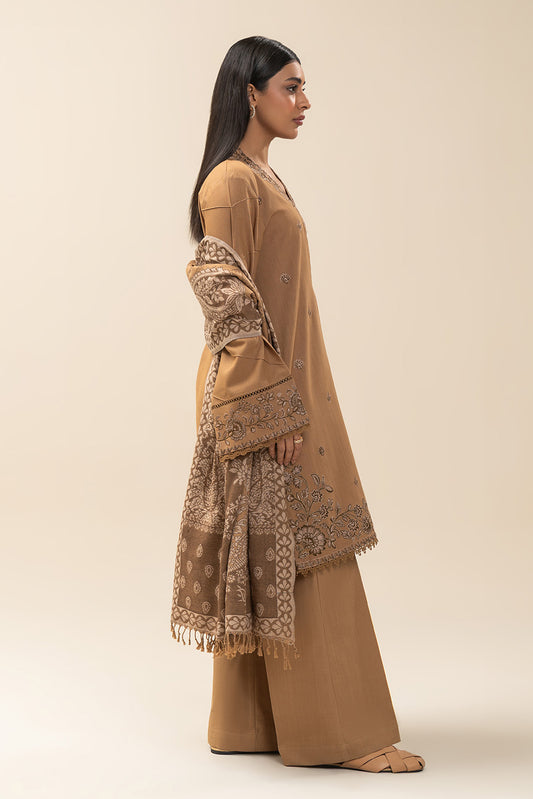 3 PIECE EMBROIDERED SLUB KHADDAR SUIT-FAWN FROST (UNSTITCHED)