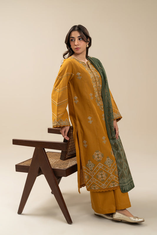 3 PIECE EMBROIDERED SLUB KHADDAR SUIT-AMBER BLISS (UNSTITCHED)