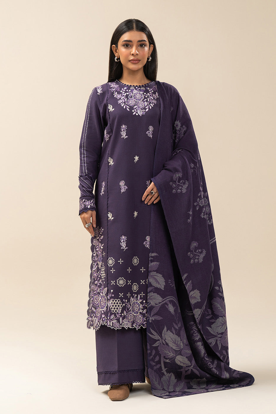 3 PIECE EMBROIDERED SLUB KHADDAR SUIT-MOONSCAPE NIGHT (UNSTITCHED)