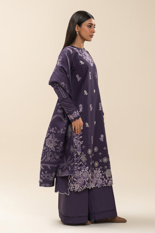 3 PIECE EMBROIDERED SLUB KHADDAR SUIT-MOONSCAPE NIGHT (UNSTITCHED)