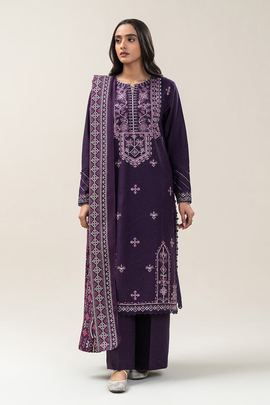 3 PIECE EMBROIDERED SLUB KHADDAR SUIT-SANGRIA MUSK (UNSTITCHED)
