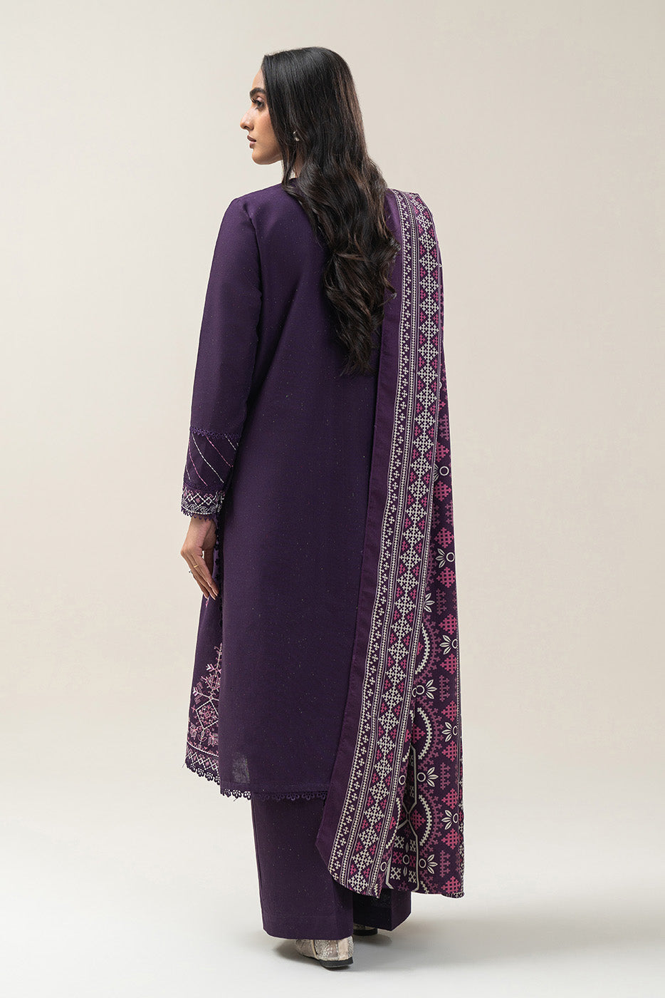 3 PIECE EMBROIDERED SLUB KHADDAR SUIT-SANGRIA MUSK (UNSTITCHED)