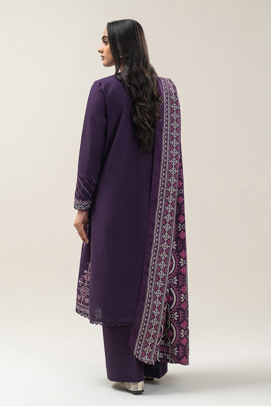 3 PIECE EMBROIDERED SLUB KHADDAR SUIT-SANGRIA MUSK (UNSTITCHED)