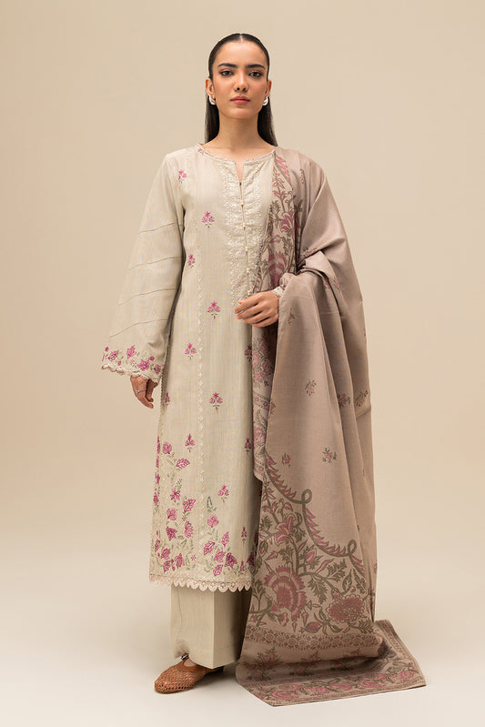 3 PIECE EMBROIDERED SLUB KHADDAR SUIT-BEIGE ALLURE (UNSTITCHED)