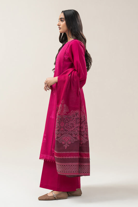 3 PIECE EMBROIDERED SLUB KHADDAR SUIT-DEEP FUSCIA (UNSTITCHED)