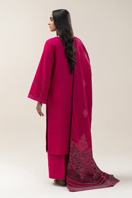 3 PIECE EMBROIDERED SLUB KHADDAR SUIT-DEEP FUSCIA (UNSTITCHED)