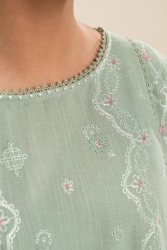 3 PIECE EMBROIDERED SLUB KHADDAR SUIT-MINT LUSH (UNSTITCHED)
