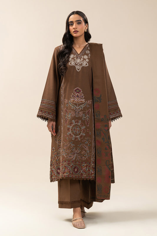 3 PIECE EMBROIDERED SLUB KHADDAR SUIT-SEPIA VERVE (UNSTITCHED)