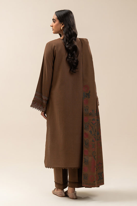 3 PIECE EMBROIDERED SLUB KHADDAR SUIT-SEPIA VERVE (UNSTITCHED)
