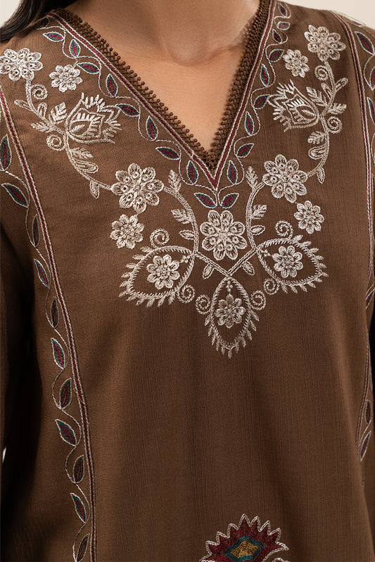 3 PIECE EMBROIDERED SLUB KHADDAR SUIT-SEPIA VERVE (UNSTITCHED)