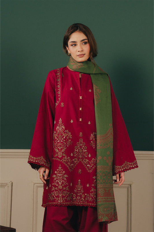 3 PIECE EMBROIDERED SLUB KHADDAR SUIT-POMPEIAN PASSION (UNSTITCHED)