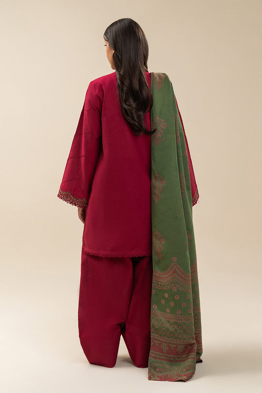 3 PIECE EMBROIDERED SLUB KHADDAR SUIT-POMPEIAN PASSION (UNSTITCHED)