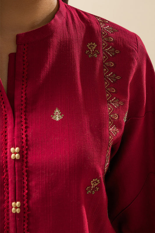 3 PIECE EMBROIDERED SLUB KHADDAR SUIT-POMPEIAN PASSION (UNSTITCHED)