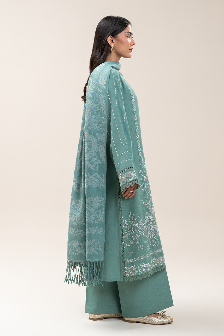 3 PIECE EMBROIDERED SLUB KHADDAR SUIT-MINT GLAM (UNSTITCHED)
