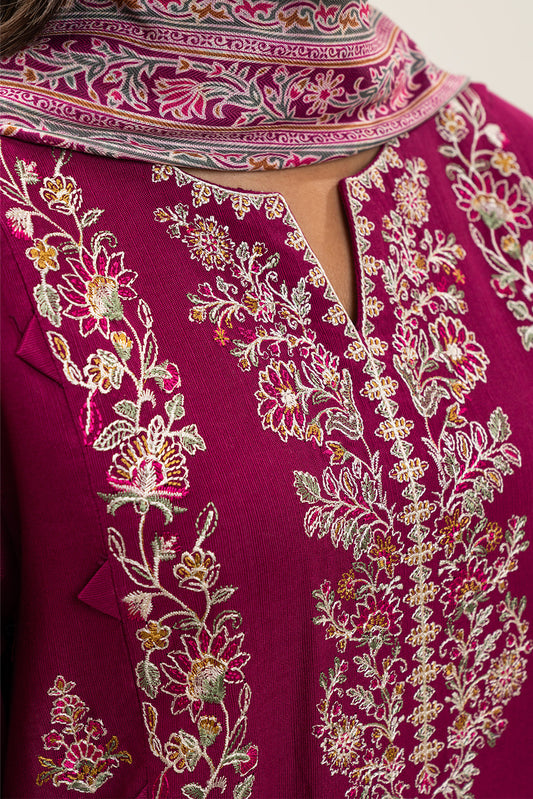 3 PIECE EMBROIDERED SLUB KHADDAR SUIT-VIVID CHERRY (UNSTITCHED)