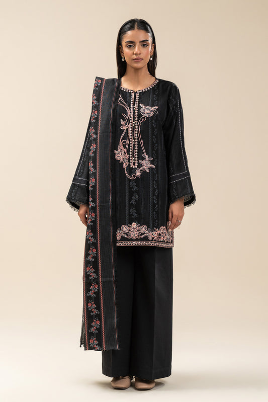 3 PIECE EMBROIDERED SLUB KHADDAR SUIT-SABLE CHARM (UNSTITCHED)