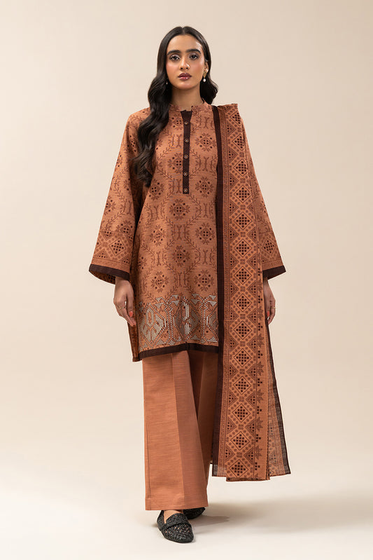 3 PIECE EMBROIDERED SLUB KHADDAR SUIT-BRONZE DUST (UNSTITCHED)