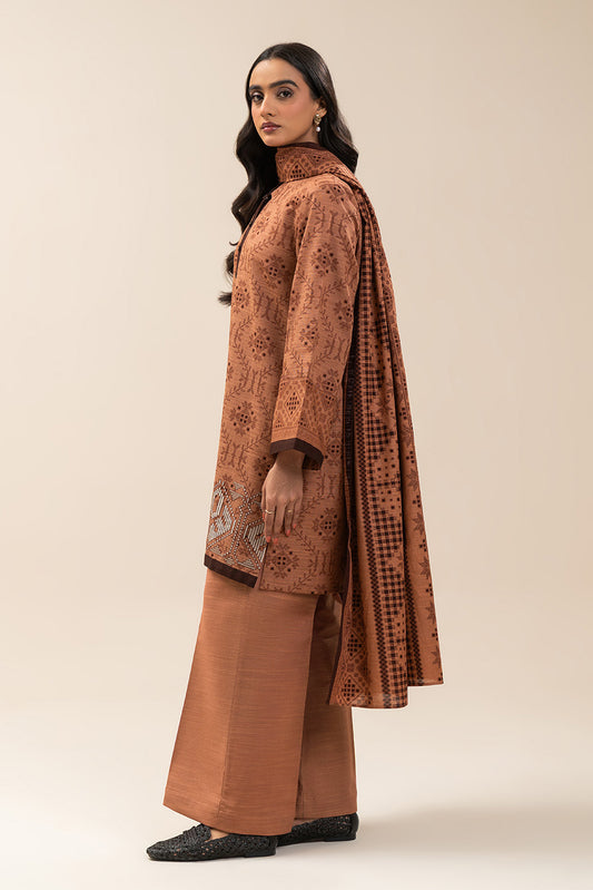 3 PIECE EMBROIDERED SLUB KHADDAR SUIT-BRONZE DUST (UNSTITCHED)