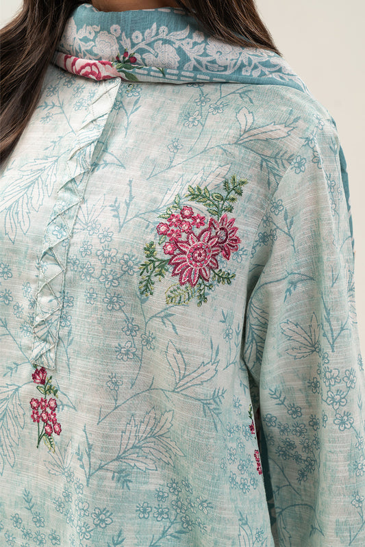 3 PIECE EMBROIDERED SLUB KHADDAR SUIT-MERMAID ROSE (UNSTITCHED)