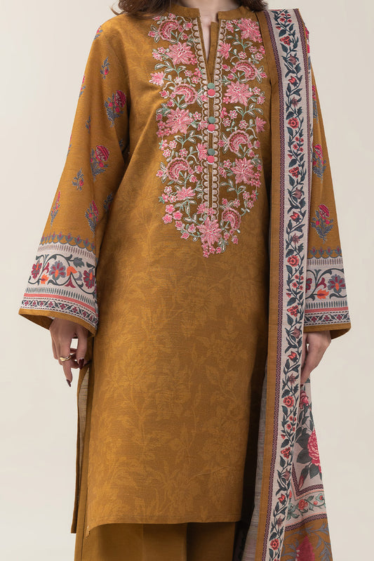 3 PIECE EMBROIDERED SLUB KHADDAR SUIT-MUSTARD GLAM (UNSTITCHED)