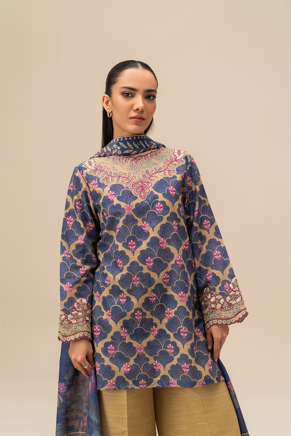 3 PIECE EMBROIDERED SLUB KHADDAR SUIT-COBALT BLOOM (UNSTITCHED)