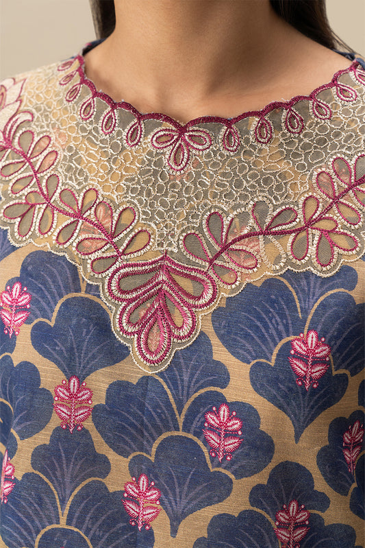 3 PIECE EMBROIDERED SLUB KHADDAR SUIT-COBALT BLOOM (UNSTITCHED)