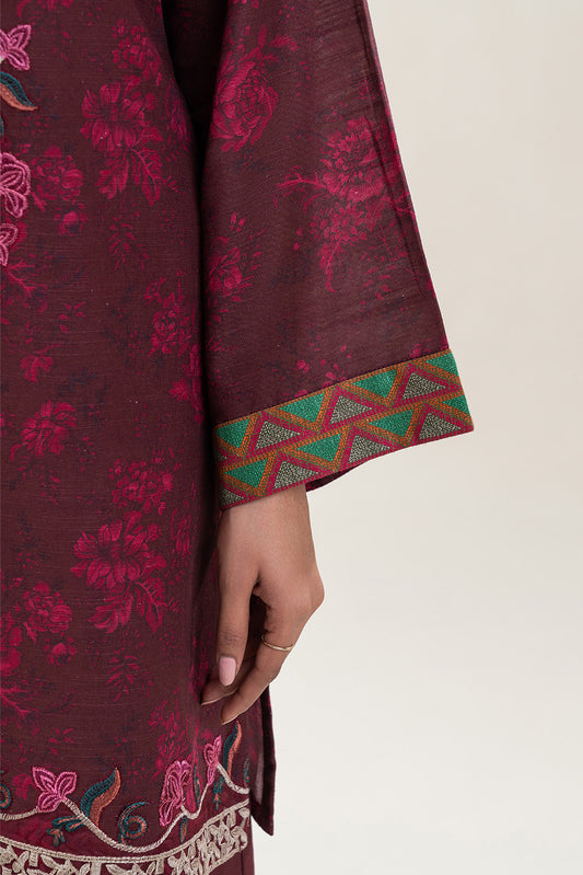 3 PIECE EMBROIDERED SLUB KHADDAR SUIT-BURNT MAROON (UNSTITCHED)
