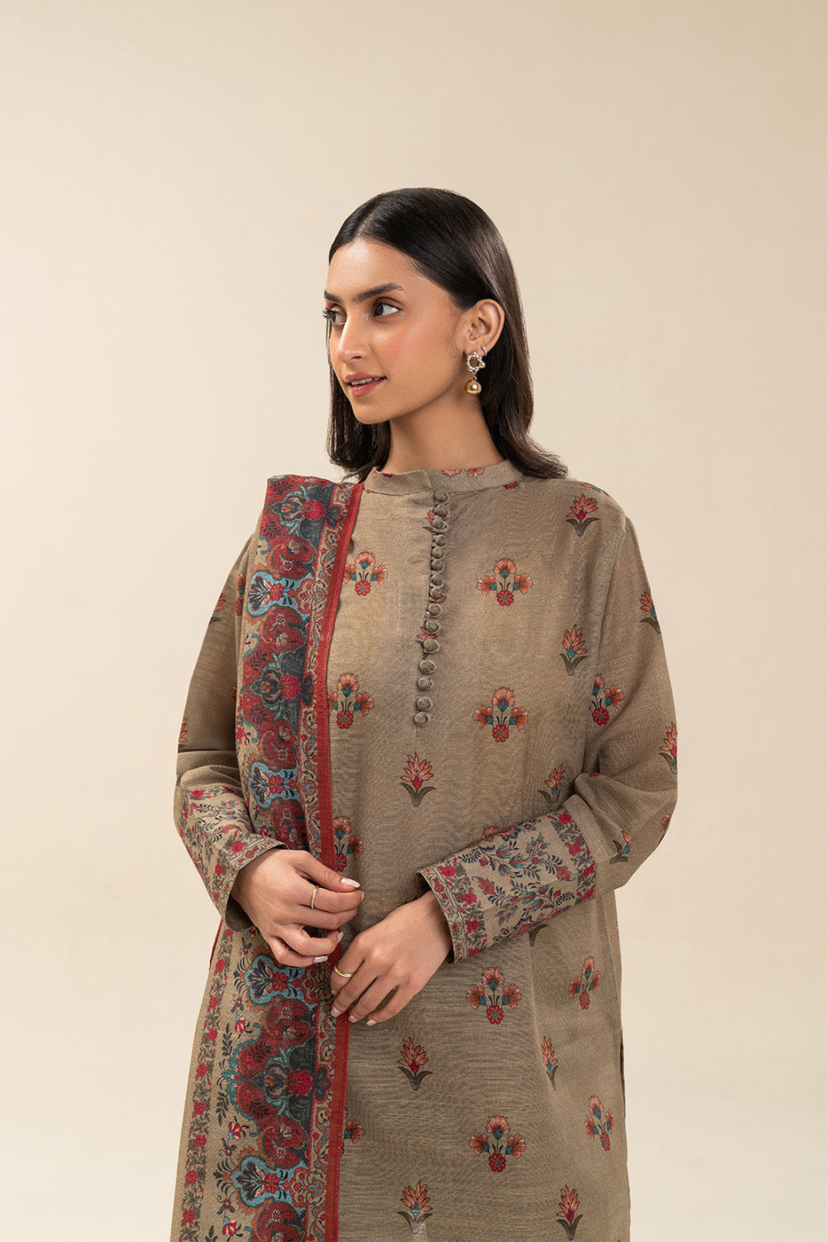 3 PIECE PRINTED SLUB KHADDAR SUIT-TAUPE DUSK (UNSTITCHED)