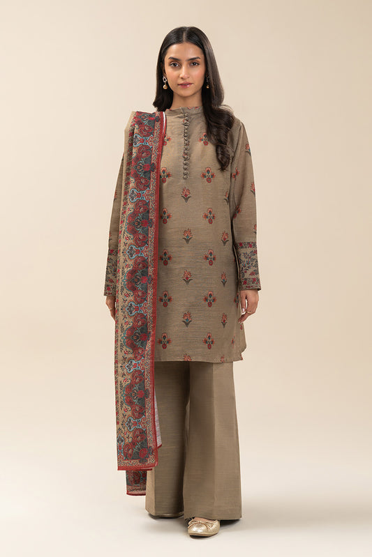 3 PIECE PRINTED SLUB KHADDAR SUIT-TAUPE DUSK (UNSTITCHED)