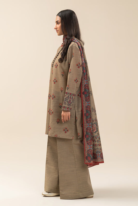 3 PIECE PRINTED SLUB KHADDAR SUIT-TAUPE DUSK (UNSTITCHED)