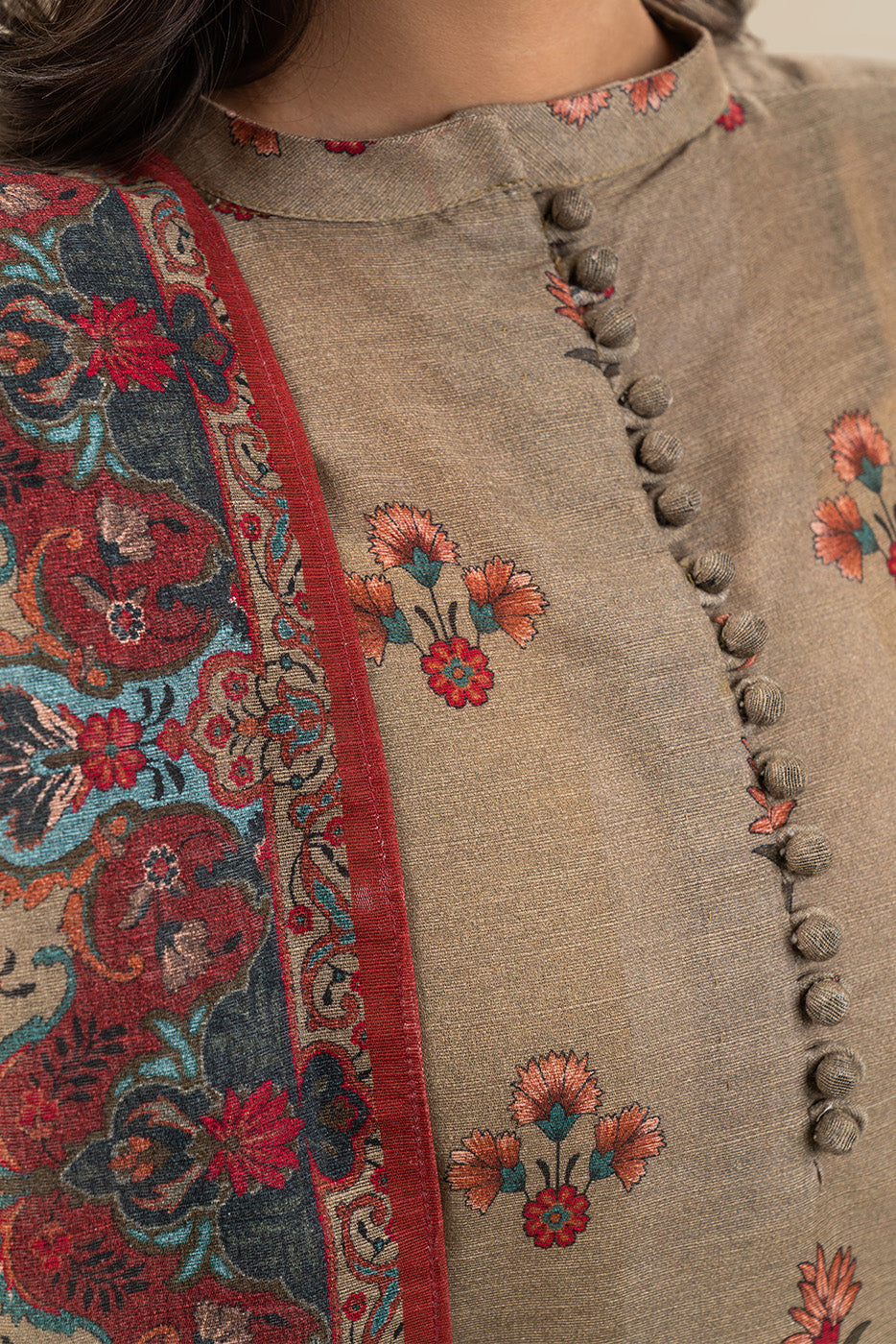 3 PIECE PRINTED SLUB KHADDAR SUIT-TAUPE DUSK (UNSTITCHED)