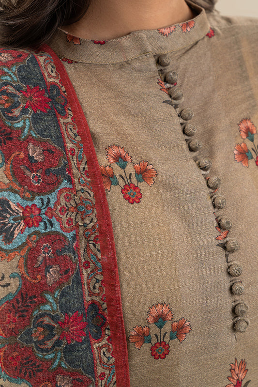 3 PIECE PRINTED SLUB KHADDAR SUIT-TAUPE DUSK (UNSTITCHED)