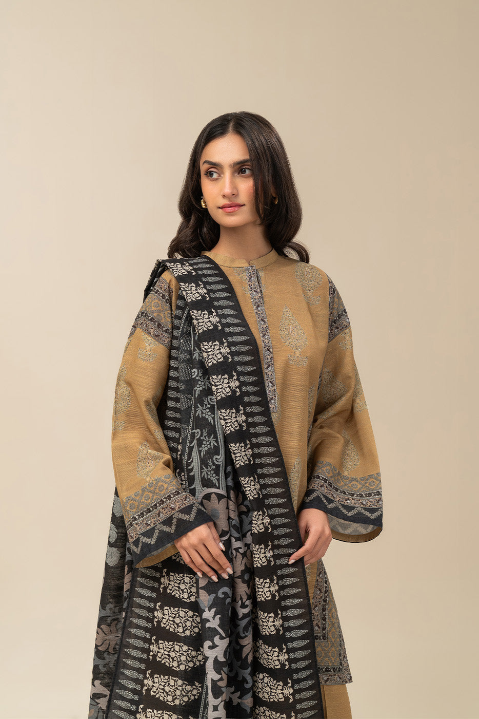 3 PIECE PRINTED SLUB KHADDAR SUIT-FLAXEN TINT (UNSTITCHED)