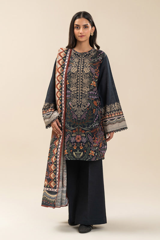 3 PIECE PRINTED SLUB KHADDAR SUIT-MAJESTIC BLACK (UNSTITCHED)