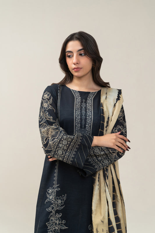 3 PIECE PRINTED SLUB KHADDAR SUIT-EBONY DYE SUIT