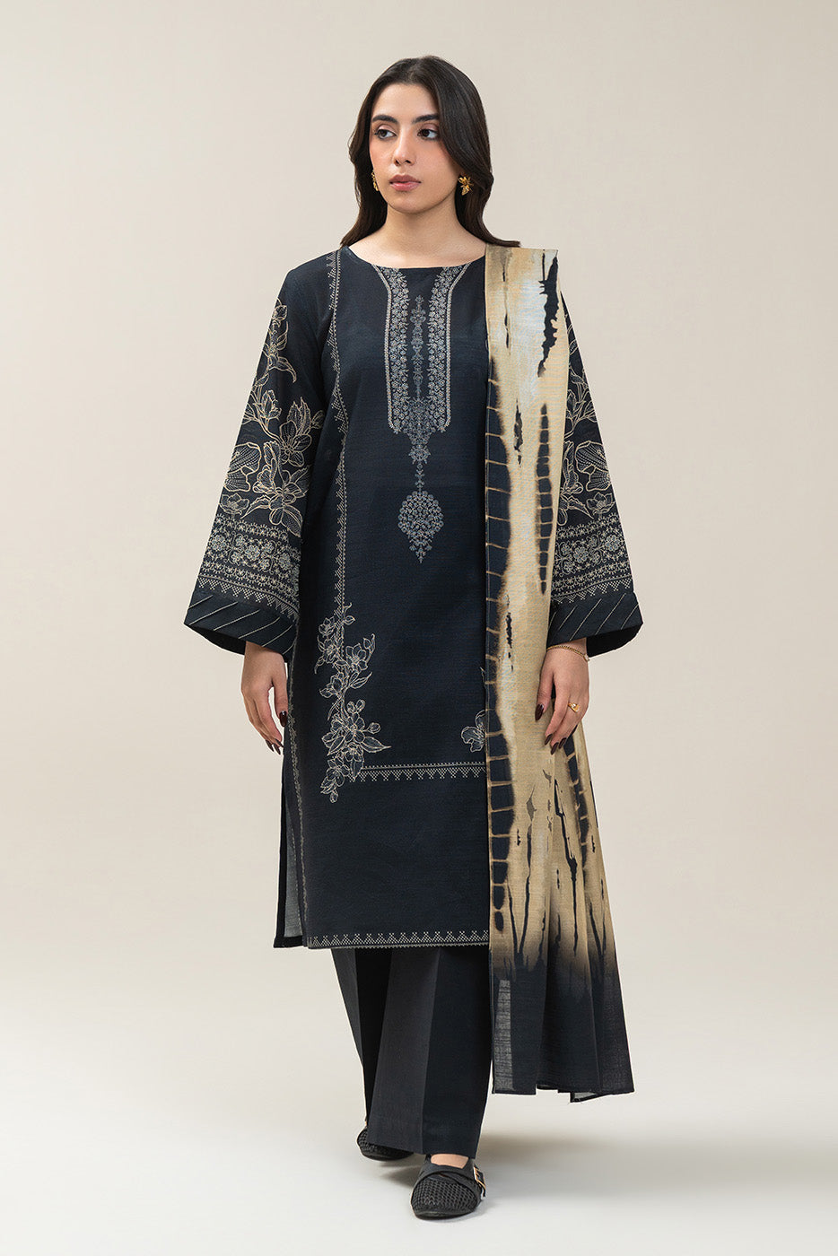 3 PIECE PRINTED SLUB KHADDAR SUIT-EBONY DYE SUIT