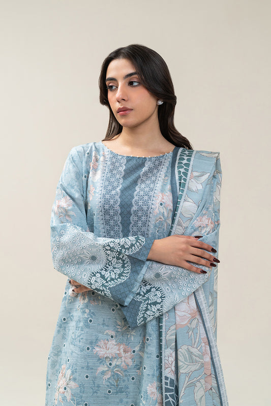 3 PIECE PRINTED SLUB KHADDAR SUIT-PALE MINT SUIT