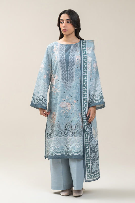 3 PIECE PRINTED SLUB KHADDAR SUIT-PALE MINT SUIT
