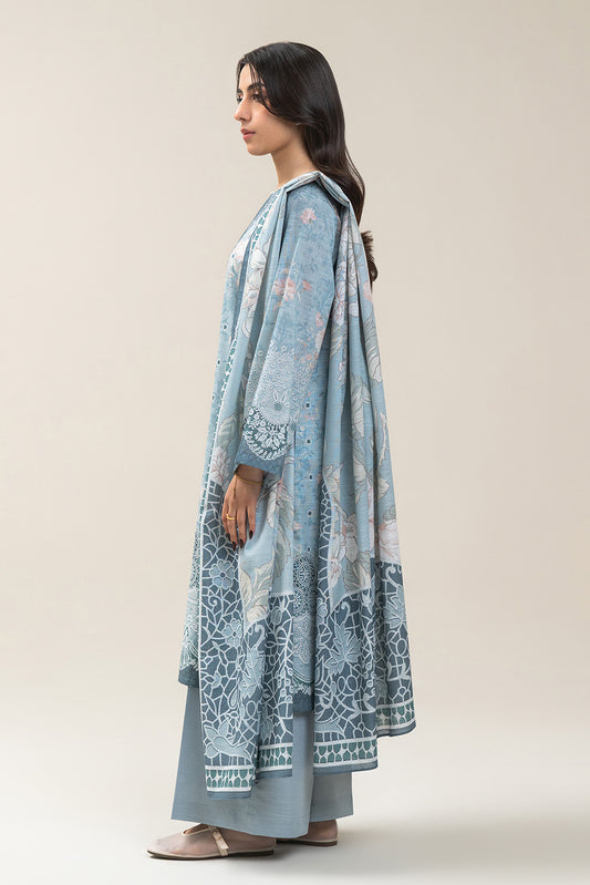 3 PIECE PRINTED SLUB KHADDAR SUIT-PALE MINT SUIT