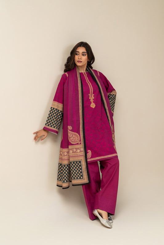 3 PIECE PRINTED SLUB KHADDAR SUIT-VIVID FUCHSIA (UNSTITCHED)