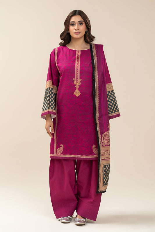 3 PIECE PRINTED SLUB KHADDAR SUIT-VIVID FUCHSIA (UNSTITCHED)