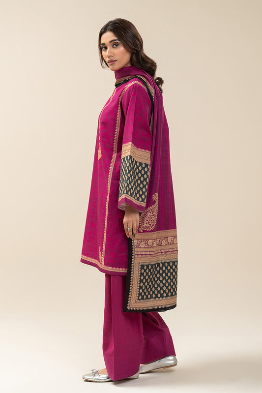3 PIECE PRINTED SLUB KHADDAR SUIT-VIVID FUCHSIA (UNSTITCHED)