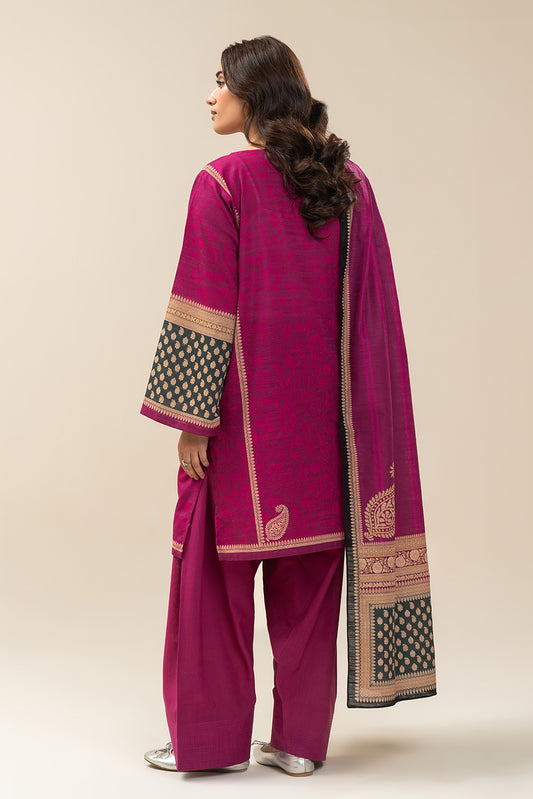 3 PIECE PRINTED SLUB KHADDAR SUIT-VIVID FUCHSIA (UNSTITCHED)