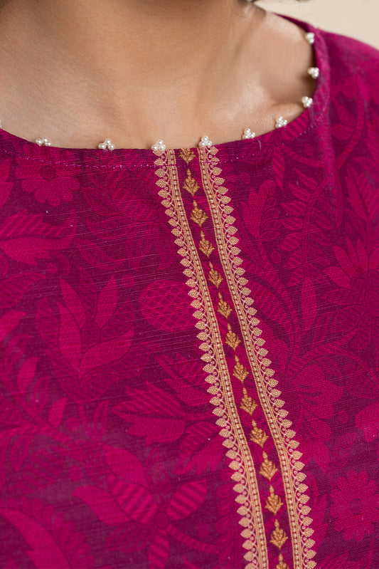 3 PIECE PRINTED SLUB KHADDAR SUIT-VIVID FUCHSIA (UNSTITCHED)
