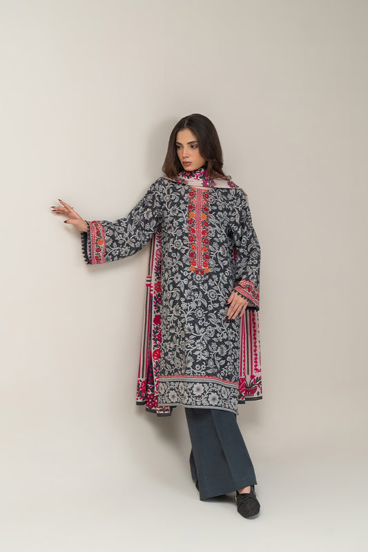 3 PIECE PRINTED SLUB KHADDAR SUIT-FLORAL BUNCH (UNSTITCHED)