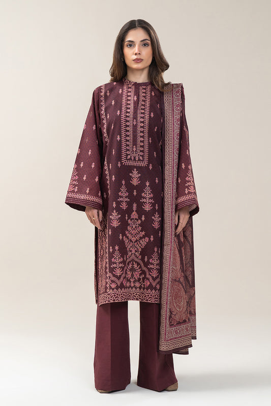 3 PIECE PRINTED SLUB KHADDAR SUIT-VINTAGE MAROON (UNSTITCHED)